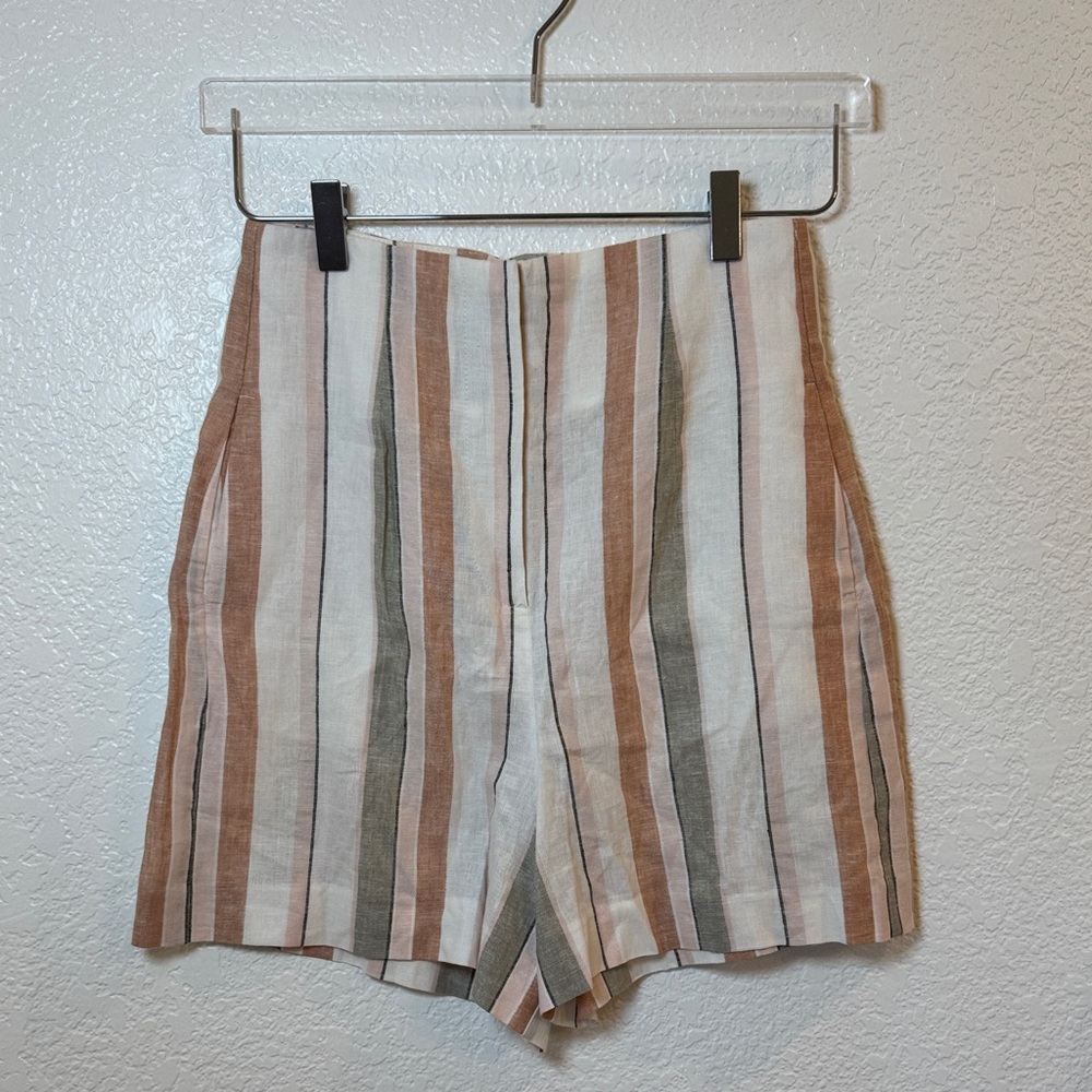 Zara High-Waist Striped Shorts - Cream, Tan & Green